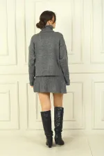 Kadın Boğazlı Uzun Kollu Kazak Beli Lastikli Kısa Etek 2'li Triko Takım