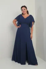 Robe en mousseline grande taille pour femme, décolleté en V devant et dos, manches à volants, ceinture doublée et poches.