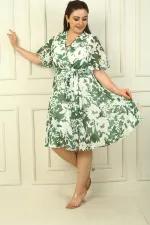 Women's Wrap Neckline Ruffled Sleeve Lined Belted Plus Size Chiffon Dress with Large Roses