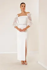 Kare Yaka Kolları Organze Önü Yırtmaçlı Beli Kemerli Uzun Elbise