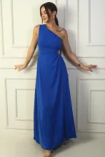 Women's One-Shoulder Long Crepe Satin Dress with Side Window Detail