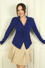 Kadın Polo V Yaka Düğüm Detaylı Likralı Bluz