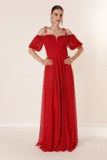 Long Dress with Pleated Neckline, Balloon Sleeves, Lined, and Glittery Embellishments.