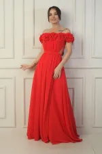 Kadın Yakası Lazer Kesim Çiçek Astarlı Beli Kemerli Uzun Şifon Elbise