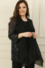 Ensemble 2 pièces pour femme : chemisier sans manches et veste à sequins en mousseline à col châle, grandes tailles.