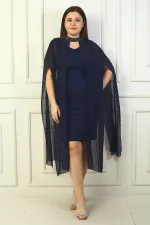 Kadın V Yaka Astarlı Üstü Şifon Pelerinli Büyük Beden  Simli Elbise