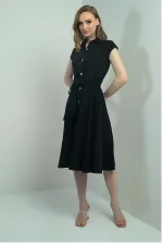Women's Button-Front Belted Shirt Collar Short-Sleeve Dress