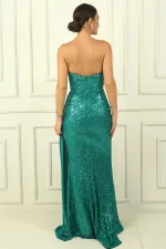 Robe longue bustier à sequins doublée et drapée sur le devant
