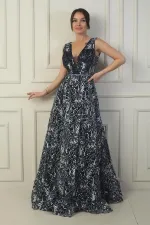 Robe de soirée longue pour femme, décolleté en V devant et dos, pli poitrine, laçage au dos, doublée, imprimé floqué pailleté