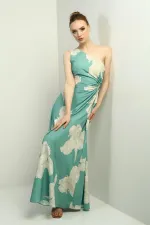 Women's One Shoulder Side Window Large Leaf Patterned Long Crepe Satin Dress