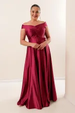 Madonna Neckline Belted Lined Slit Plus Size Long Satin Dress