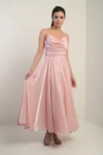 Women's V-Neck Strapless Lined Organza Satin Midi Dress