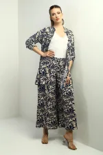 Kadın Yanları Yırtmaçlı Tunik Gömlek Beli lastikli Cepli Palazzo Pantolon Çiçek Desen Oversize 2'li Takım