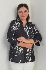 Chemisier grande taille à col polo et manches trois-quarts pour femme, motif abstrait