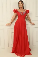 Front and Back V-Neck Strappy Short Sleeved Long Tulle Dress with Rhinestone Embellishment and Lining