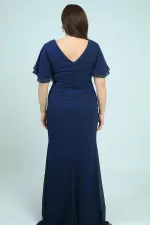 Women's Back V-Neck Lined Waist Beaded Detail Dart-Style Plus Size Crepe Chiffon Dress