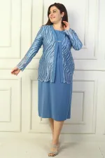 Women's Sequin and Glitter Embellished Tulle Jacket, Long-Sleeved Lined Crepe Dress, Plus Size Two-Piece Set