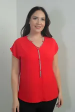 V-Neck Crepe Satin Necklace Plus Size Blouse