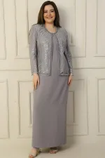 Robe longue à manches demi-lune avec veste en tulle brodée de perles et de sequins, doublée, ensemble deux pièces grande taille