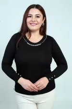 Chemisier en maille à froid grande taille pour femme, orné de perles aux manches et au col.