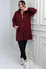 Manteau long en cachemire pour femme avec fermeture éclair sur le devant et poches élastiquées