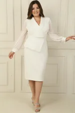 Kadın Kruvaze Yaka Kollar Şifon Boncuk Detaylı Büyük Beden Elbise