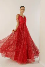 Boncuk Detaylı Astarlı Sim Flok Baskılı Uzun Elbise