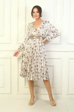 Women's Wrap Neckline Belted Lined Pleated Floral Satin Dress