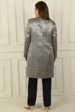 Sleeveless Blouse with Side Slits, Beaded Detail, Lined Long Jacquard Jacket and Trousers, Plus Size 3-Piece Set