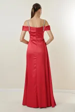 Stone Detailed Thin Strap Low Sleeve Lined Long Satin Dress