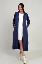 Women's Long Cardigan with Button Detailed Sleeves, Pockets and Side Slits