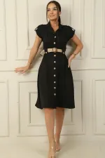 Women's Collared, Off-Shoulder, Double-Pocket, Belted Linen-Effect Dress