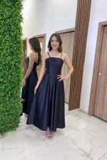 Kadın İnce Askılı Astarlı Cepli Midi Saten Elbise
