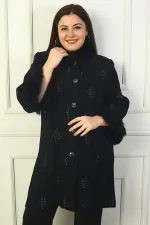 Cardigan grande taille pour femme avec col et manches en fourrure, boutonné sur le devant, poches et motif diamant pailleté