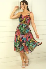 Chiffon Dress with Rope Straps, Belted Waist, Mixed Floral Pattern, Lined Pleated Skirt