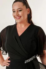 Robe courte grande taille à paillettes, manches en mousseline et ornements latéraux, doublée