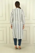 Kadın Sahte Tek Cepli Kol Katlamalı Boyuna Çizgili Büyük Beden Uzun Tunik Gömlek