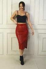 Kadın Yandan Yırtmaçlı Önü Büzgülü Midi Deri Etek