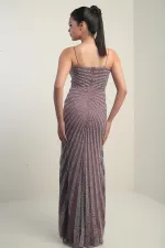 Women's Strappy Flocked Stone Print Lined Tulle Long Dress