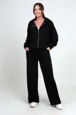 Ensemble Osyho 2 pièces pour femme : cardigan à capuche zippé, pantalon palazzo à poche et taille élastique