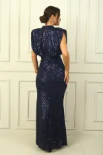 Draped Front, Lined, Belted Waist, Sequined Long Dress