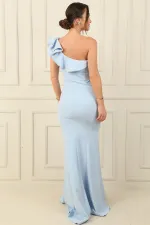 Tek Omuz Şerit Taşlı Eteği Yırtmaçlı Astarlı Uzun Krep Abiye Elbise