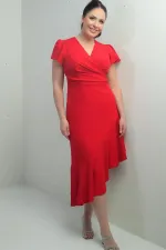 Kadın Kruvaze Yaka Önü Drapeli Astarlı Eteği Volanlı Büyük Beden Krep Elbise