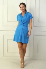 Women's Front Button-Down Knot Detail Elastic Waist Lyocell Cotton Short Dress