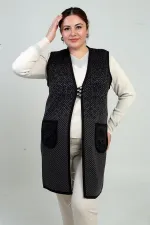Gilet long en maille à poches, motif mini, fermeture à 3 boutons, grande taille, pour femme