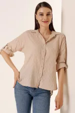 Front Buttoned Polo Collar Shirt with Foldable Sleeves