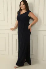 Kruvaze Yaka Önü Düğüm Detaylı Astarlı Yırtmaçlı Büyük Beden Likralı Uzun Elbise