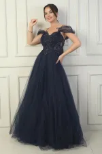 Kadın Ön Arka V Yaka Astarlı Düşük Kollu Üstü Aplike İşleme Prenses Abiye Elbise