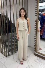 Women's V-Neck Button-Front Blouse, Elastic Waist, Pocketed Palazzo Pants Ayrobin 2-Piece Set