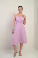 Women's Strappy Wrap Neckline Lined Lace-Up Back Flared Chiffon Dress